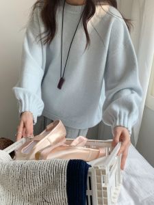 Yellow Lantern Sleeve Pleated round Neck Pullover Thickened Loose Womens Knitted Sweater All-Match Autumn Winter Lazy Style