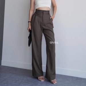 Oro Pants Knit Celana Panjang Korean Style / Celana Panjang Highwaist Panjang Kulot Wanita Dewasa Karet Melar Lembut Salur Rib Tebal - Hitam L ( BB 40-52 )