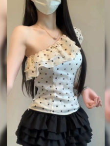 BINKAFENNY | Design Sensation White Polka Dot Asymmetrical Shoulder Bridesmaid Tank Top Women Summer High-End Unique Beautiful Blouse