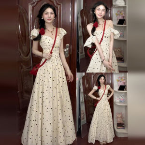 BeautyMark | French Polka Dot Dress Women Summer New Unique Beautiful Long Dress A-Line Skirt Short Sleeve Sweet Style Polyester Fiber