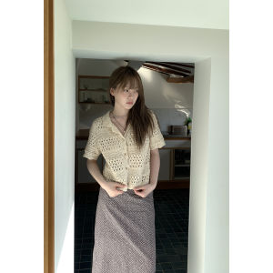 Áo Len Cardigan Cổ Polo Tay Ngắn Màu Be Cổ Điển Thủ Công Khâu Hoa Hellooo Eat Phong Cách Hàn Quốc Cotton Nguyên Chất Mùa Hè 2025