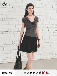 ANDYET AD1 Womens Short Sleeve Knitted T-Shirt Gathered Waist French Style Gentle Short Sleeve Stack Collar Top Summer Wear