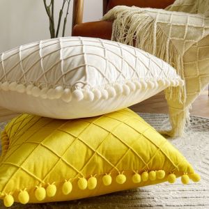 30x50cm 45x45cm Cream Pompom Pillow Cover Velvet Boho Accent Velvet Lumbar Pillowcase Soft Decorative Cushion Case for Couch Bed