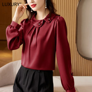 LUXURY Queen Acetate Satin Womens Blouses 2024 Autumn New High End Style Long Sleeved Slim Mom Top
