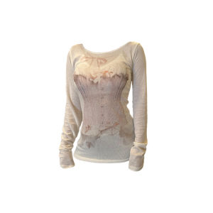 เสื้อยืดแขนยาวสไตล์อเมริกันสำหรับผู้หญิงในฤดูใบไม้ผลิ ทรงสลิมฟิต พิมพ์ลายสร้างสรรค์ แฟชั่นฤดูใบไม้ผลิ เสื้อเชิ้ตทรงสลิมฟิต