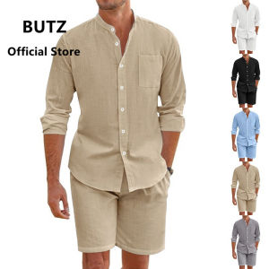 BUTZ Brand 2025 New Summer Linen Button-Up Shirt Long-Sleeved Shorts Cardigan Casual Loose Beach Suit for Men