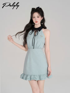 Blue Off-Shoulder Sleeveless Dress Stand Collar Gored Skirt High Waist Summer Fashion Sweet Style for Young Women 18-29