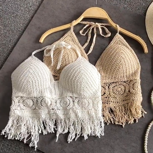 🦋 NLONKE  Bikini Knitted Swimwear Top Hollow-out Sweet Halter Small Camisole Crochet Top For Women