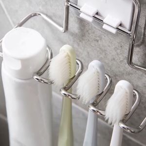 Wall Mounted Stainless Steel Toothbrush Holder Bathroom Tooth Brush Toothpaste Razor Organizers Stand Bathroom Accessories Toothbrush Holder Multi-function Storage Hooks Wall Mount Toothbrush Toothpaste Holder Rack Bathroom Accessories