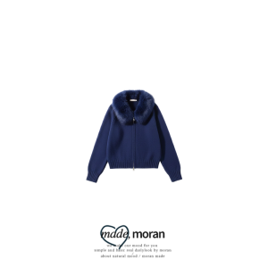 Blue Fox Fur Collar Zipper Knitted Open Cardigan Womens High-End Lazy Style Autumn Winter Thickened Woolen Short Outerwear