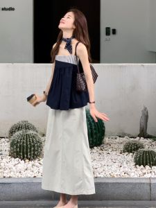 VKSOD | Korean Light Work Style Color Block Striped Crop Top And High Waist Skirt Womens Summer Slimming Two Piece Set