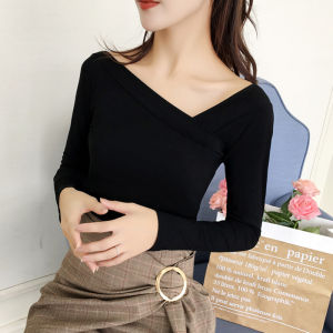 Slimming Effect Black One-Shoulder Long Sleeve round Neck T-Shirt Womens Base Shirt Exposing Clavicle Versatile Solid Color