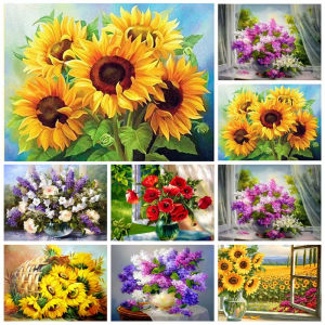 5D DIY Diamond Painting Flower Mosaic Full Round Drill 30x40cm Diamond Embroidery Sunflower Lilac Poppy Home Decor