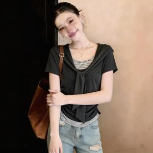 Áo Thun Ngắn Phong Cách Pháp Dáng Suông Cỡ Lớn Thiết Kế Hai Lớp