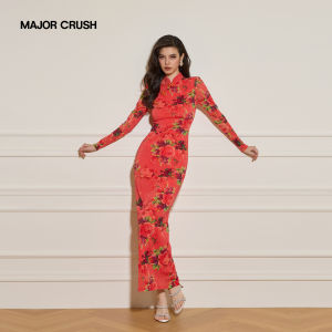 Vintage Flower Print Modified Cheongsam Stand Collar Fitted Dress