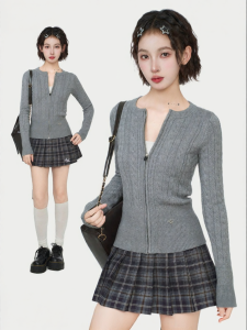 KBVVR | Cable Pattern Zippered Long Sleeve Knitted Cardigan for Autumn Wear