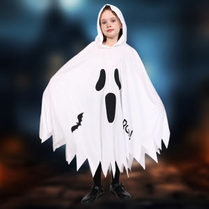 Boys and girls glowing cloaks in the dark cosplay costumes beautiful white ghosts demons performances Halloween themed parti