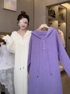 ผู้หญิง ถักยาว เดรส ฤดูหนาว อุ่น มีฮู้ด เสื้อสเว็ตเชิ้ต Maxi กระโปรง เดินทางสไตล์ความยาวปานกลางเหนือเข่าขี้เกียจแฟชั่นเกาหลี หลวม Fit