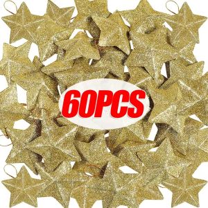 Dozoey การตกแต่งคริสต์มาสจี้ห้อยประดับต้นคริสต์มาสเป้สตรีดาวระยับสีทอง60ชิ้นสำหรับบ้าน Navidad งานเลี้ยงปีใหม่ของขวัญ DIY