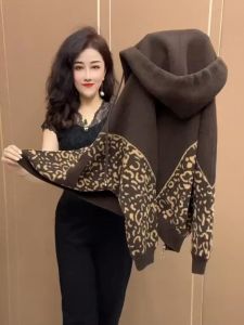Fall and Winter New Arrival Double-Sided Woolen Short Outwear Color-Blocking Leopard Print Batwing Sleeve Tops Western Style Youthful-Looking Classy Coat for Women