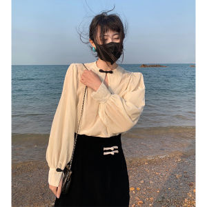 Elegant Womens Shirt Design Sense Button Lantern Sleeve Cotton Blend Fabric round Neck Long Sleeve Commute Style Pure Color
