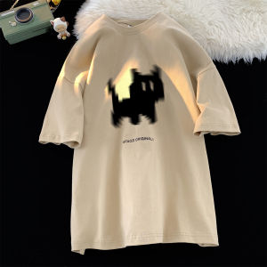Heavyweight American Retro T-Shirt Short Sleeve Mens Summer High Street Trend Oversize Cartoon Cat 5 Sleeve Cotton Polyester