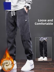 ROMON | Loomom Mens Corduroy Pants Fleece Lined Loose Fit Sporty Winter Casual Long Trousers Youthful Style Elastic Waist Cargo