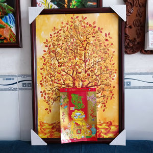 Lịch tết 2026 tranh lịch treo tường tráng gương cây Tiền Tài có khung gỗ gắn kèm lốc lịch năm mới