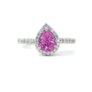 แหวนพิงค์แซฟไฟร์ สีชมพู ประดับด้วยเพชร ตัวเรือนทอง 18K White Gold Pink Sapphire And Diamond Engagement Ring - Pear Cut - R24033