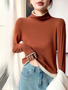 MiiOW | Áo sơ mi nữ tay dài cổ cao rộng rãi mùa đông Áo lót hai mảnh giả Áo chui đầu cổ tròn màu trơn thường ngày