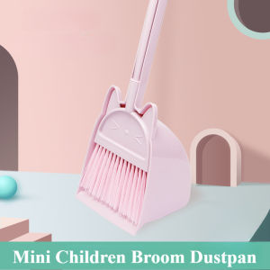 Mini Children Broom and Dustpan Cartoon Cat Flexible Bristles Kids Pretend Play Toddlers Indoor Outdoor Floor Sweeping Tool Set