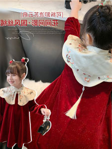 Girls Velvet A-Line Skirt Spring Autumn Long Sleeve Dress Childrens Fashionable Elegant Dress Silk Fabric Ethnic Style
