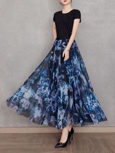 สีน้ําเงินสูง เอว กระโปรงทรงเอ Flowy พรางหุ่น กระโปรงยาวปานกลาง โพลีเอสเตอร์ วัสดุชุดทํางานสํานักงาน ฤดูร้อน เทรนด์แฟชั่นปี 2024