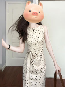 Váy Dài Chữ a Họa Tiết Chấm Bi Màu Trắng Thanh Lịch Kiểu Pháp Mùa Hè 2025 Mới Cao Cấp Váy Dài Thắt Lưng Buộc Thon Gọn