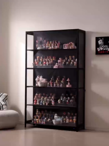 Display Cabinet For Toy with Lights Large Capacity Cabinet Bamboo With Glass Acrylic Shelf Organizer