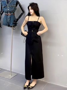 Elegant Black Strapless Gown Womens Summer Fashion Slimming Long Dress with Side Slit And Waist Cinching Strapless Evening Dress