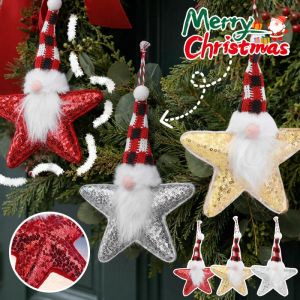 Sparkling Sequined Star Santa Claus Hanging Ornament Cartoon Gnome Pendant DIY Five Pointed Star Christmas Tree Decor