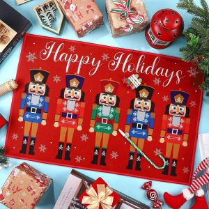 VIKAMA Happy Holidays Nutcracker Door Mat Red Christmas Soldier Welcome Rug Xmas Entryway Floor Mat Non Slip Soft Holiday Decor