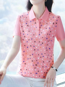 HUAXUNRAN | Fashionable Loose Slimming Short Sleeve T-shirt with Turn-down Collar and Print