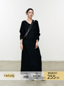 Loose Long Sleeve V-Neck Knitted Dress Womens Spring Double-Wear Inner Long Dress Casual A-Line Silhouette Polyester Blend