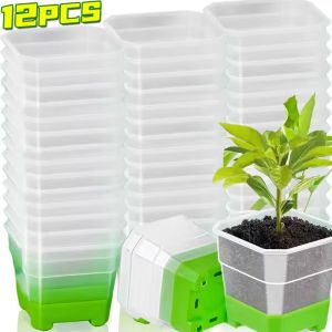 1/12PCS Silicone Nursery Pots Clear Square Plant Pot with Drainage Hole Plastic Flower Pot for Healthy Root Growth Garden Supply