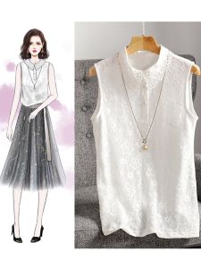 เสื้อกั๊กคอโปโลลูกไม้แขนกุดทรงสลิมฟิตสำหรับผู้หญิง ฤดูใบไม้ผลิและฤดูร้อน เสื้อชั้นในสั้น ใส่ได้หลายวิธี ผ้าฝ้ายผสมโพลีเอสเตอร์