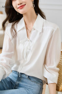 AMMIN เสื้อเชิ้ตแขนยาวสีขาวคอวีสำหรับผู้หญิงเสื้อเชิ้ตแขนยาวสีขาว2023เสื้อผ้าชีฟองเก๋ไก๋ใส่ได้หลายโอกาสทรงหลวม