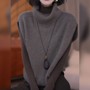 New Spring Fashion Style Loose Solid High Collar Sleeveless Knitted Vest