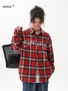 Bwka American Retro Red Gingham Shirt Female Male Autumn Fashion Brand High Street Loose Embroider Long Sleeve Shirt Coat