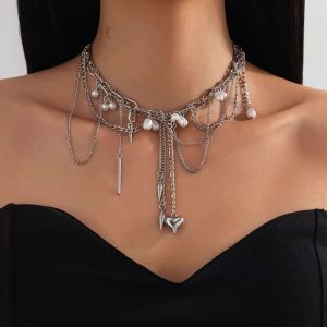 Ingemark | Womens Multilayer Tassel Love Heart Pendant Choker Necklace Trendy Punk Silver Color Metal Chain Party Jewelry Gift