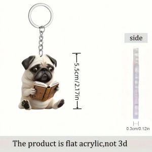 1-piece reading Pug backpack keychain - a cute pet accessory suitable for backpacks car keychains and daily use
