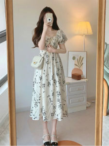 Elegant French Style Floral Print Summer Dress Womens Square Collar Gathered Waist Long A-Line Skirt High Waist Bubble Sleeve