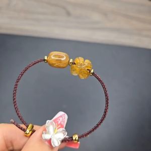 Q294 Vòng cáp lu thống bầu cỏ 4 lá Thạch Anh Tóc Vàng cho Thổ và Kim - Phong Thủy TUDO