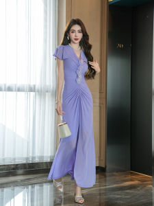 Elegant Purple Long Gown Knee-Length V-Neck Fish-Tail Silhouette Gentle Wind Style Luxury Split Pleated Summer Dress for Women